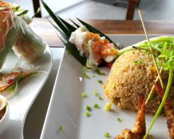 Fish Market dinner. Shrimp spring rolls and BBQ prawns with fried rice. Good Eats! Kampot, Cambodia.