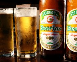Ice cold big BeerLaos. Very popular in Laos. $1 to $2 depending on town. Luang Prabang, Laos.