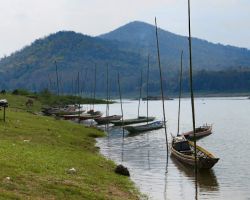 Small boats tied up along the Mekong river. Luang Prabang, Laos.