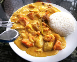 Seafood (shrimp, squid, and fish) curry dish. Their plating wasn't great, but the food was very good. Cat Ba Island, Vietnam.