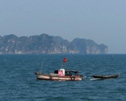 Ha Long Bay fishing boat. Cat Ba Island, Vietnam.
