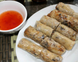 Seafood spring rolls with chili sauce. Very good. Cat Ba Island, Vietnam.