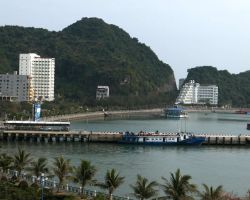 View of Cat Ba Town and the main ferry dock. Cat Ba Island, Vietnam.