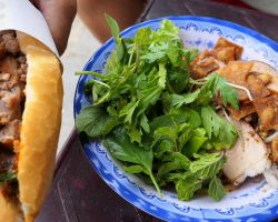 Bahn Mi and Cao Lau at a small street vendor. Hoi An, Vietnam.