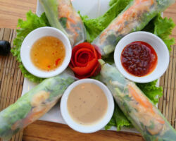 Fresh spring rolls with 3 dipping sauces. Fantastic. Hoi An, Vietnam.