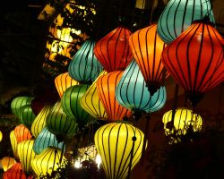 Close-up of some of the larger lit street lanterns. Hoi An, Vietnam.