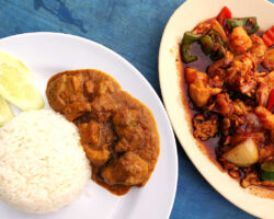Nasi Lemak with Redang chicken on the left and Stir Fried chicken with pineapple on the right. Both were very good. Perhentian Island (Besar), Malaysia.