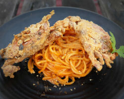 Soft Shell Crab with Chili Pasta dinner at the roof-top restaurant in Sandakan. This was super delicious. Sepilok, Malaysia.