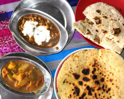 One of our Sun Welcome dinners. Chicken Shahi Korma with Roti and Pumpkin Curry with Naan. Both dishes were fantastic. Pokhara, Nepal.