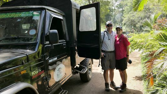 Rick and Alisa getting ready to head out on a jeep safari to look for large groups of wild asian elephants. Kaudulla National Park, Sri Lanka.