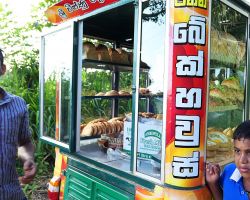 Inside of the Tuk Tuk bakery wagon. This kid heard the music and came over to buy a snack. Sigiriya, Sri Lanka.
