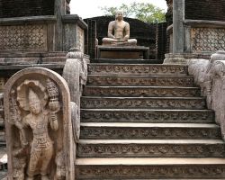 One of the sets of steps leading to the inside of the Vatadage Circular Relic House. Polonnaruwa, Sri Lanka.