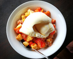 Fresh fruit, buffalo curd, and treacle. A breakfast dish at the Rathna Guesthouse. Dalawella, Sri Lanka.