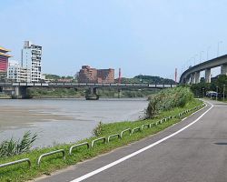 Riding on the waterfront bike path. Greater Taipei, Taiwan.
