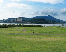 Panorama of the Tamsui River and Keelung River confluence from the waterfront bike path. Greater Taipei, Taiwan.