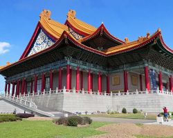 National Concert Hall located in Liberty Square. The building is beautiful and enormous, see Rick standing in the bottom right for size comparison. Greater Taipei, Taiwan.
