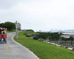 View from our tandem bike on the Bali bike path. Greater Taipei, Taiwan.