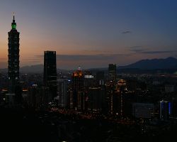 Post sunset view from Elephant Mountain of Taipei and Taipei 101. Greater Taipei, Taiwan.