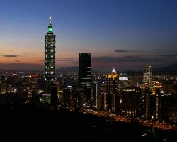 Post sunset view from Elephant Mountain of Taipei and Taipei 101. Greater Taipei, Taiwan.