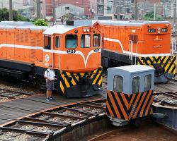 Rick standing next to one of the engines parked at the Changhua Old Train Roundhouse. Western Area, Taiwan.