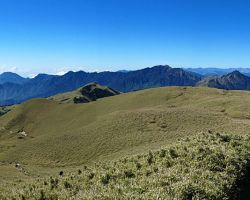 Panorama on summit day of Rick along the trail. Western Area, Taiwan.