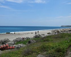 Lots of fishing nets on the beach along the beach in Hualien. East Coast, Taiwan.