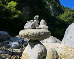 River cairn along the Shakadang Trail in Taroko Gorge. East Coast, Taiwan.