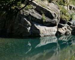 River with reflection along the Shakadang Trail in Taroko Gorge. East Coast, Taiwan.