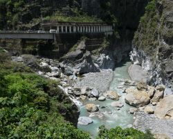 River confluence bridge at Swallow Grotto in Taroko Gorge. East Coast, Taiwan.