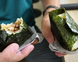 A few of our favorite snacks, seaweed wrapped rice triangles filled with meat (we liked the beef and chicken the best). Northern Area, Taiwan.