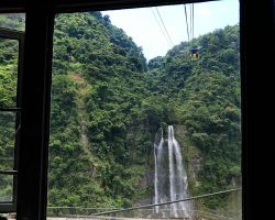 View looking out from inside the cable car. Northern Area, Taiwan.